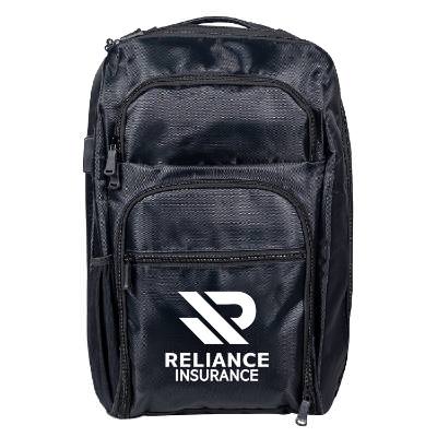 Black laptop backpack with custom logo.