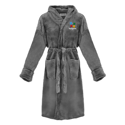 Grey fleece robe with custom embroidered imprint.