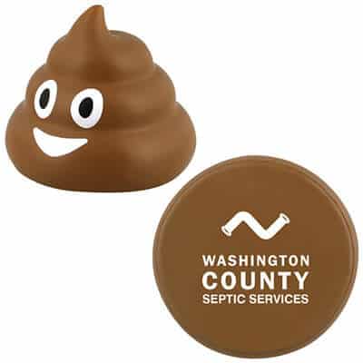 Foam poo emoji stress ball with a promotional imprint.
