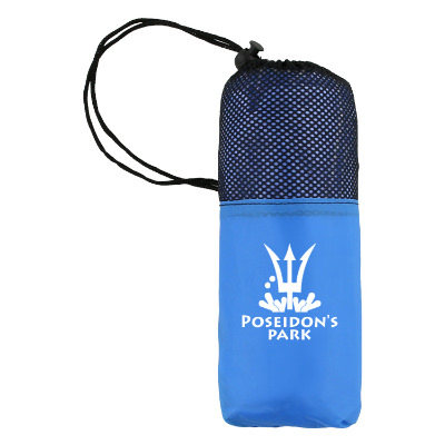 Blue poncho with custom logo.