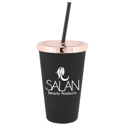 Plastic rose gold tumbler with custom logo in 16 ounces.