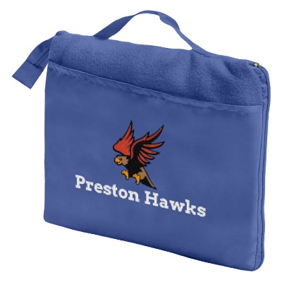 Custom printed navy blue fleece blanket that can fold into a zipper closure with a handle.