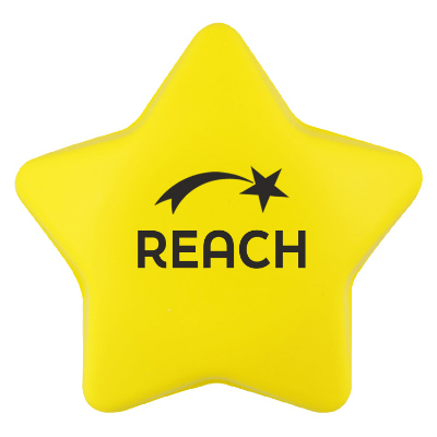 Foam yellow star stress ball with custom imprint.