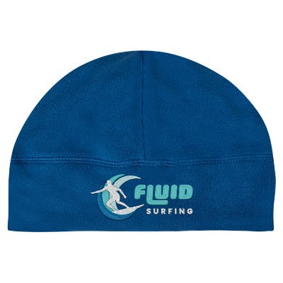Embroidered lagoon blue custom fleece beanie.