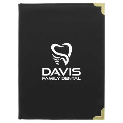Black classic standard folder with gold edges and custom imprint.