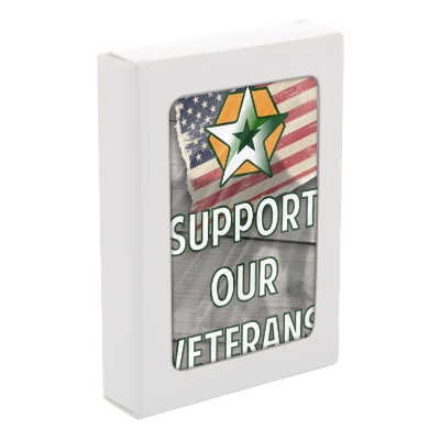 Patriotic paper playing cards with a custom logo.
