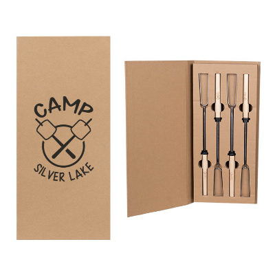 Wood and metal campfire sticks with custom imprint.