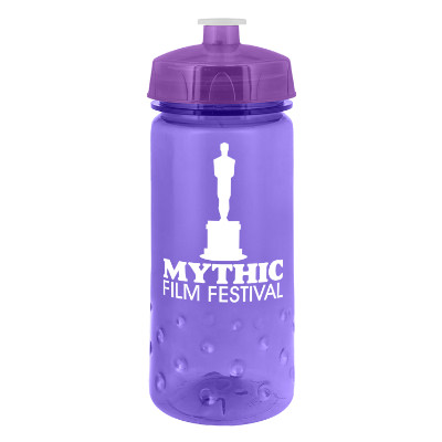 Plastic purple bottle with custom logo.