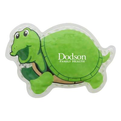 Plastic green hot and cold pack with a custom imprint.