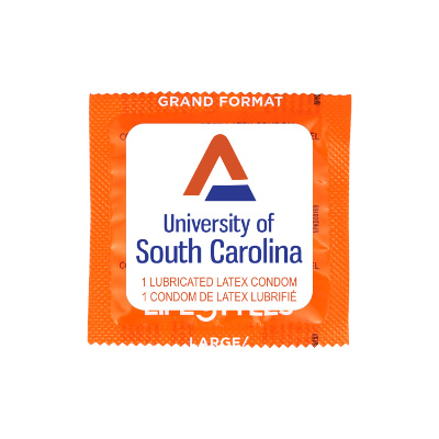 Orange latex condom with a custom logo.