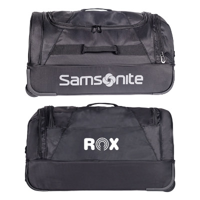 Black wheeled duffel with custom logo.