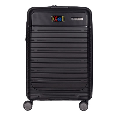 Hard black carry-on luggage with custom full color logo.