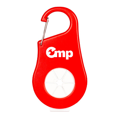 Red plastic carabiner with custom logo.