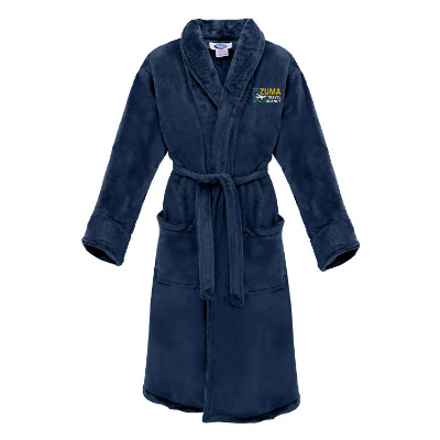Navy microfiber robe with custom imprint.