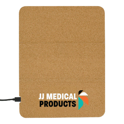 Natural cork mouse pad with a branded logo.