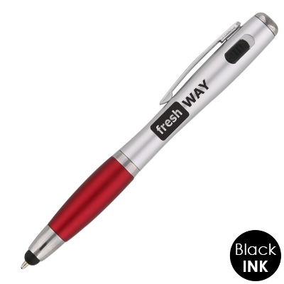 Plastic triple pen with LED light and stylus.