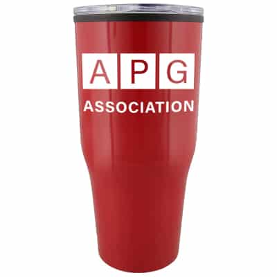 Stainless steel red tumbler with custom print in 30 ounces.