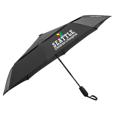 Black shed rain vortex V2 vented compact umbrella with personalized full color imprint.