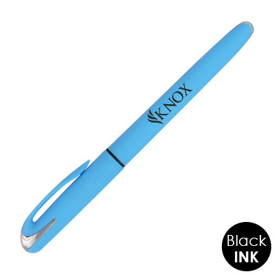 Blue plastic pen with a custom imprint.