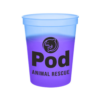 Plastic blue color changing stadium cup with custom imprint in 16 ounces.