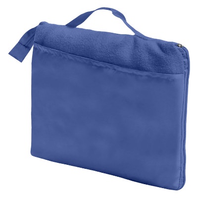 Blank royal blue fleece blanket that can fold into a zipper closure with a handle.