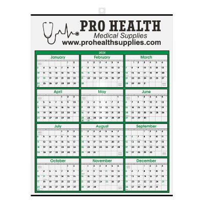 Green year at a glance calendar with promotional imprint.