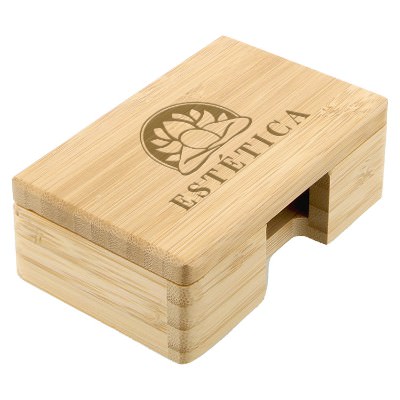 Bamboo business card holder with laser engraved custom imprint.