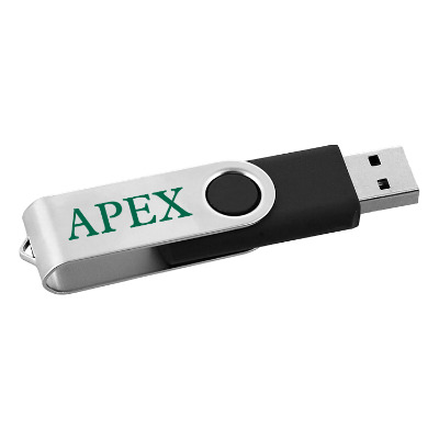 Black stainless steel flash drive with a custom logo.