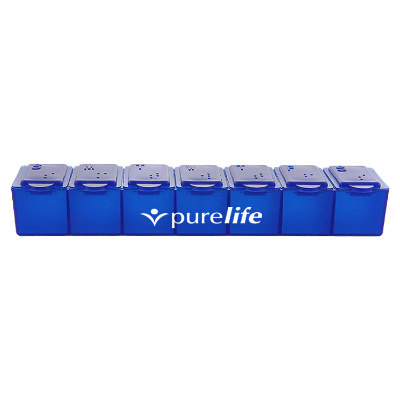 Blue plastic pill case with a personalized logo.