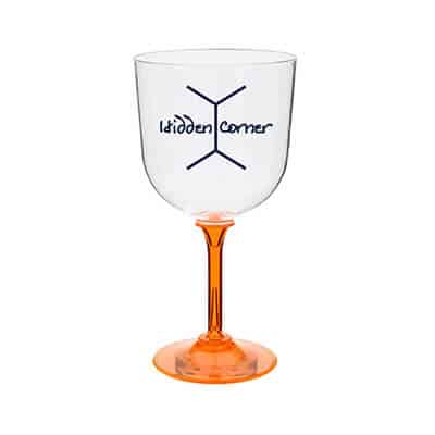 Acrylic orange goblet with custom imprint in 14 ounces.