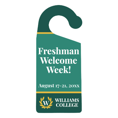 White plastic door hanger with a personalized logo.