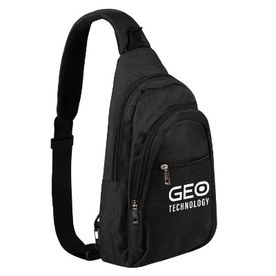 Black sling bag with pockets and custom imprint.