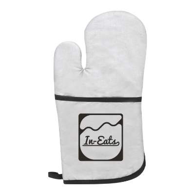Therma-grip fire resistant silver pocket oven mitt with personalized logo.