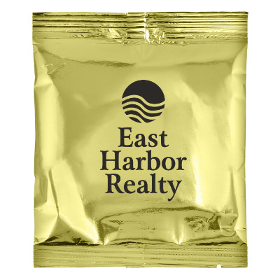 Gold plastic drink mix pack with a custom logo.