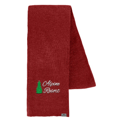 Red scarf with custom embroidered imprint.