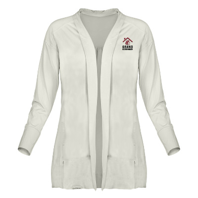 White cardigan with custom embroidered logo.