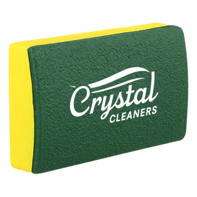 Green with yellow foam stress ball with a branded imprint.