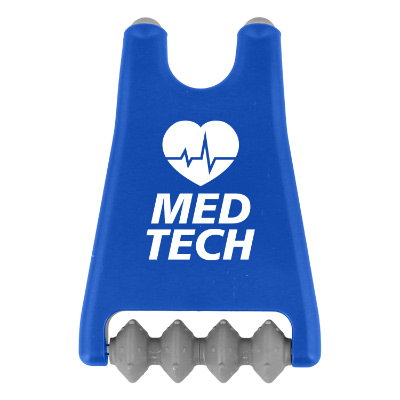 Blue plastic massager with a personalized logo.