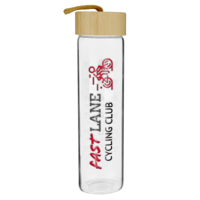 Glass water bottle with bamboo lid and custom logo with elevated ink in 20 oz.