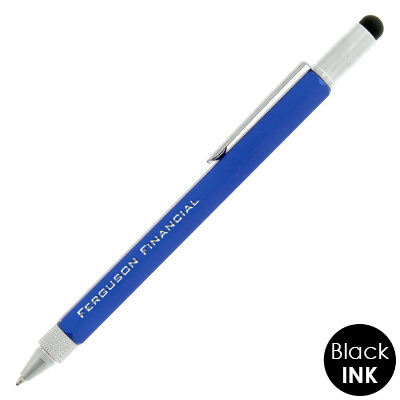 Textured grip multifunctional pen with silver accents and custom engraved logo.