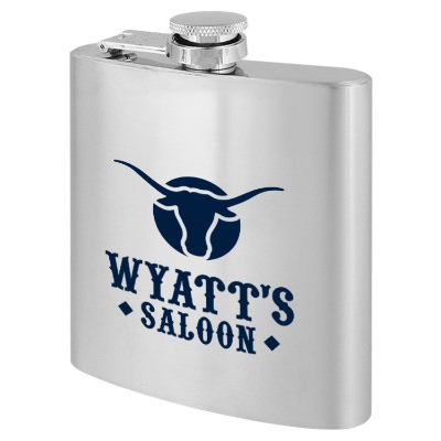 Silver flask with custom logo in 6 ounces.