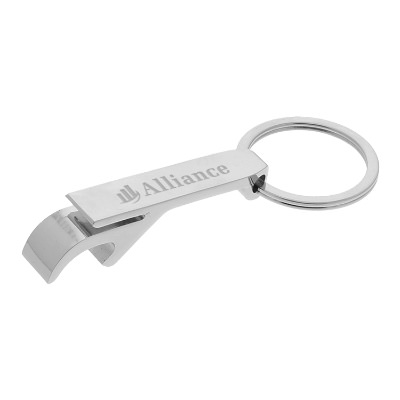 Silver lorenzo bottle opener with laser engraved custom promotional logo.