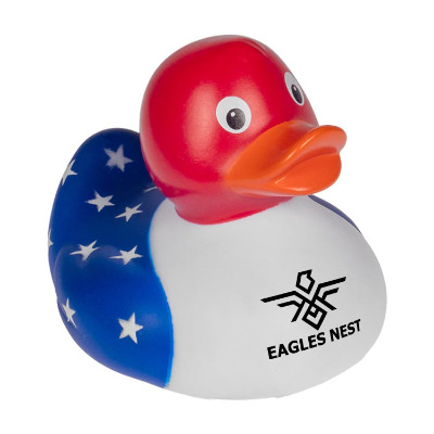 Patriotic rubber duck with a personalized logo.