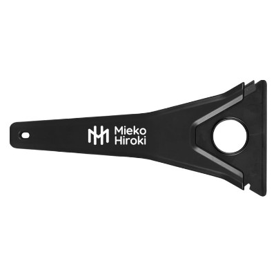 Black plastic tri-blade windshield scraper with customized promotional logo.