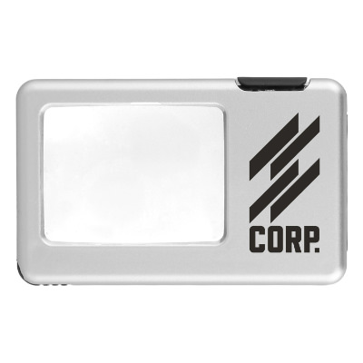Silver plastic magnifier with a custom logo.
