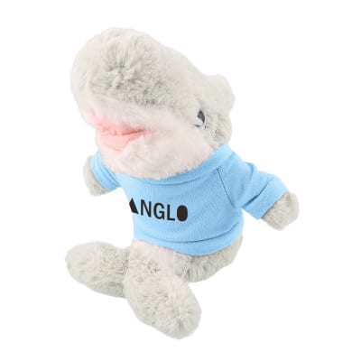 Plush and cotton shark with light blue shirt with custom imprint.