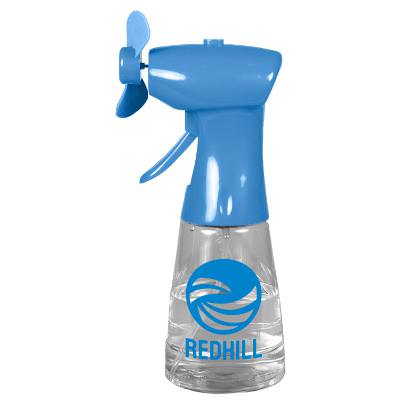 Plastic blue hand fan with a personalized imprint.