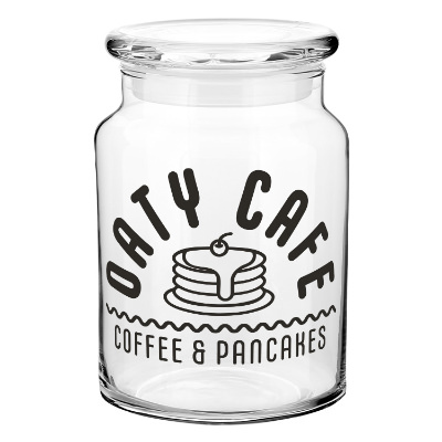 Clear glass jar with a custom imprint.