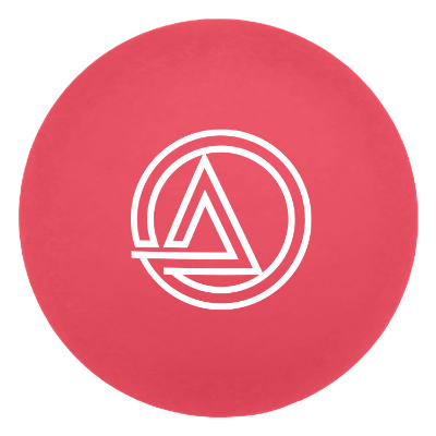 Red plastic ping pong ball with a branded imprint.