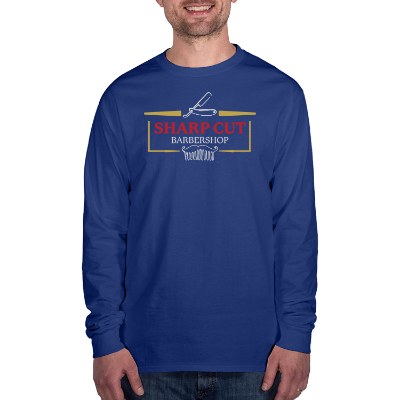 Customized full color logo on deep royal long sleeve t-shirt.